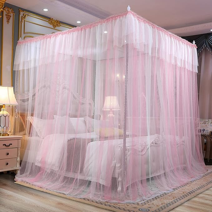 Joyreap Luxury 4 Corners Post Canopy Bed Curtains - Pink & White Cozy Drape Netting - Cute Princess Style Bedroom Decoration Accessories (86" W x 78" L, King)