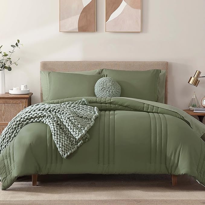 Monbix Full Comforter Set - 7 Pieces Light Sage Green Bed in a Bag Full Size Bedding Sets with Comforters, All Seasons Down Alternative Comforter with Sheets,Pillowcases & Shams