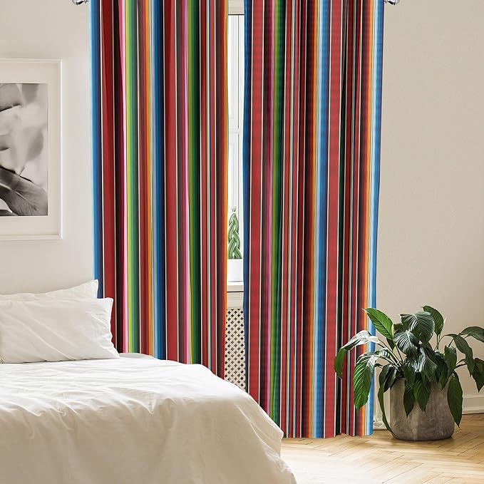 Ambesonne Cinco de Mayo Window Curtains Pack of 2, Mexican Serape Colorful Stripes Vertical Lines Latino Design Illustration, Lightweight Set with Rod Pocket, 4 Panels of - 28" x 95", Burgundy Blue