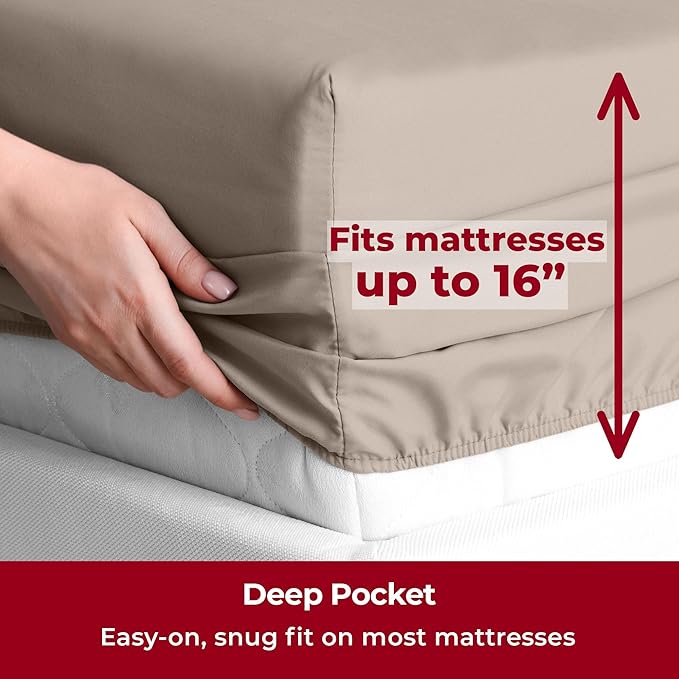 Mellanni Split King Sheets Set - 5 PC Iconic Collection Bedding - Hotel Luxury, Extra Soft, Cooling Bed Sheets - Wrinkle, Fade, Stain Resistant (Split King, Tan)