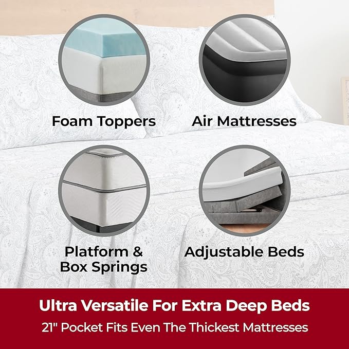 Mellanni Extra Deep King Sheets - 4 PC Iconic Collection Bedding - Hotel Luxury, Ultra Soft, Cooling Bed Sheets - Wrinkle, Fade, Stain Resistant (King, Paisley Gray)