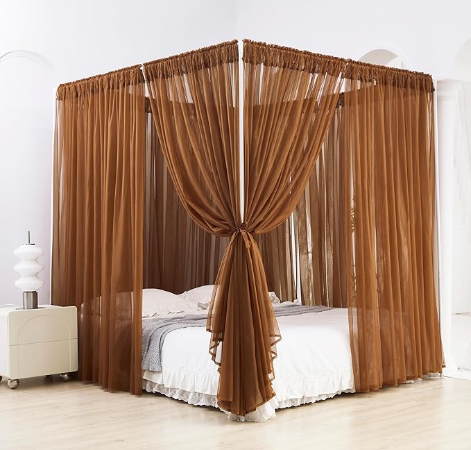Akiky Canopy Bed Curtain with Lights Bed Drapes for Girls Adults Soft Bed Canopy Scarf for Bed Room Decoration (Full/Queen, Coffee)