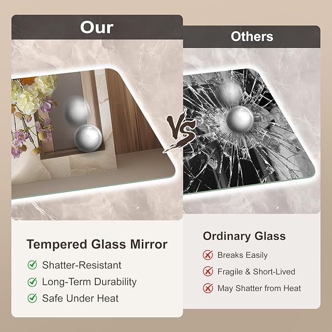 48''x36'' Lighted Mirrors for Bathroom Wall Backlit Rectangular Rounded Corners, LED Bathroom Mirror Frameless with Lights Anti Fog, Dimmable, 3 Colors,Tempered Glass, Shatter-Proof (Color 2)