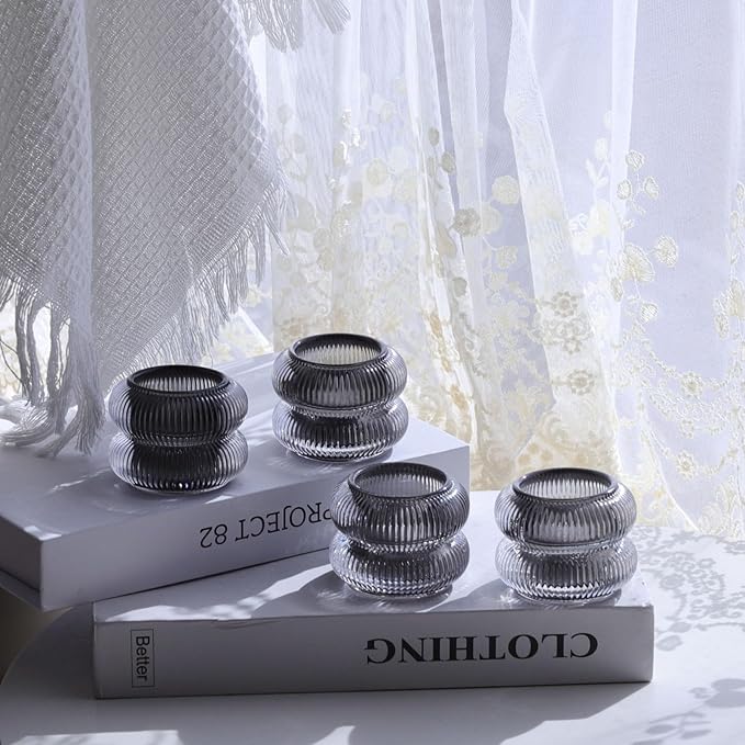 Woho Smoke Grey Votive Candle Holders Set of 6, Vintage Ribbed Tealight Candle Holder for Daily Home Decor, Classy Tea Light Candle Holder Glass for Living Room Table Decor(Grey, 2.1" H X 2.75" D)