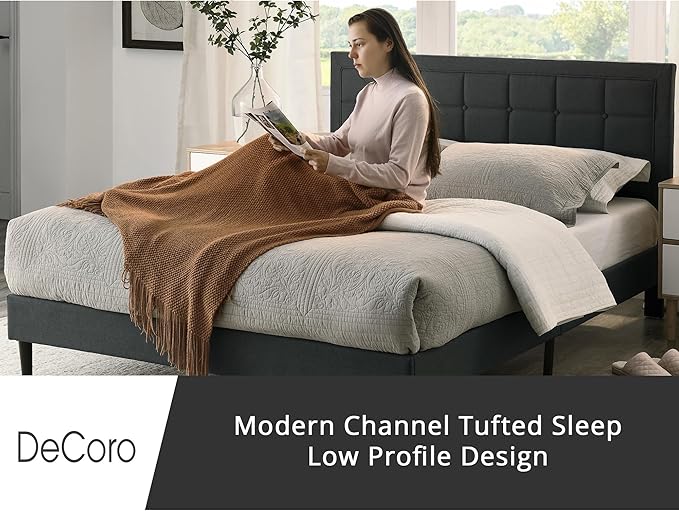 Decoro Mornington Upholstered 2.0 Platform Bed, Button-Tufted Fabric Headboard and Metal Frame with Wood Slat Support, Dark Grey, Queen