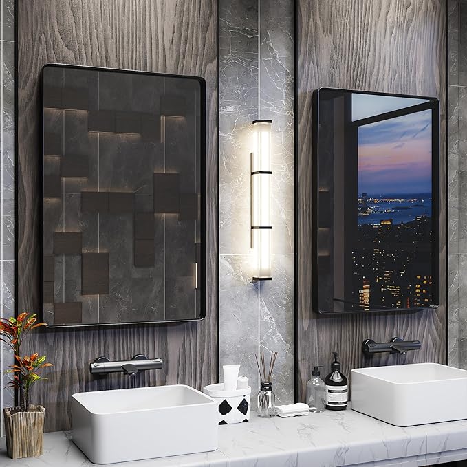 ISKM Black Bathroom Mirror for Wall 48" x 32" Matte Black Framed Vanity Mirror Anti-Rust Tempered Glass Hangs Horizontal or Vertical