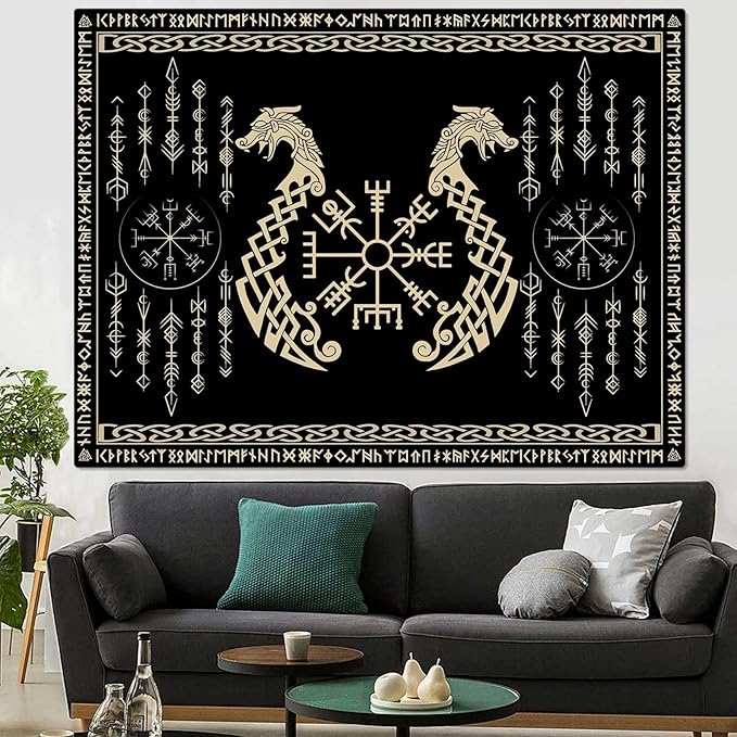 OSUNBD Nordic Vikings Tapestry, Large 9371 inches Soft Flannel, Vegvsir Symbol Twins Dragons Celtic Rune Scandinavian Aesthetic Mythology Tapestry Wall Hanging for Bedroom Living Room Decor