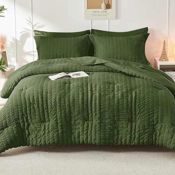 HYMOKEGE Olive Green California King Comforter Set Seersucker 7 Pieces, All Season Luxury Bed in a Bag for Bedroom, Bedding Set with Comforter, Sheets, Pillowcases & Shams