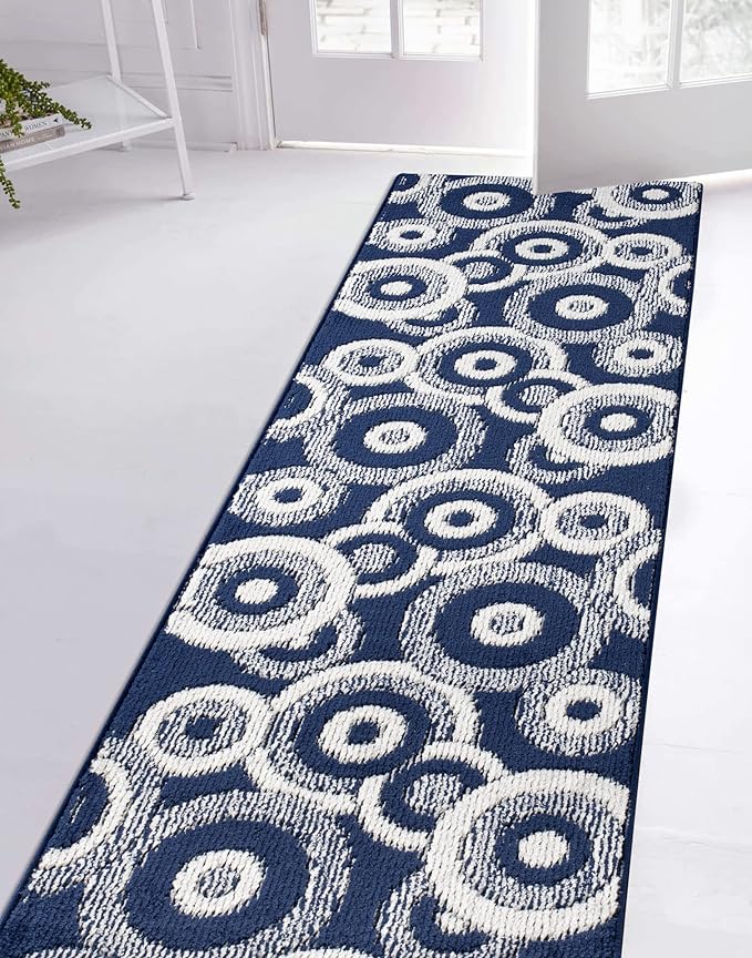 Custom Length Cut to Size Retro Modern Coastal Carpet Runner Rug for Hallways, Non Slip Rubber Backed, 31 inch Wide X Customized Length, Geo Blue, 31 inch X 8 feet