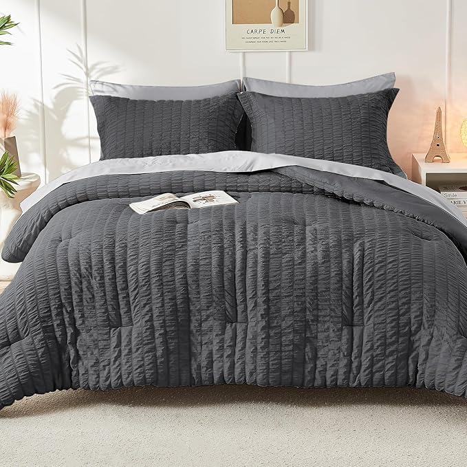 HYMOKEGE Dark Grey/Light Grey Twin Comforter Set Seersucker 5 Pieces, All Season Luxury Bed in a Bag for Bedroom, Bedding Set with Comforter, Sheets, Pillowcase & Sham