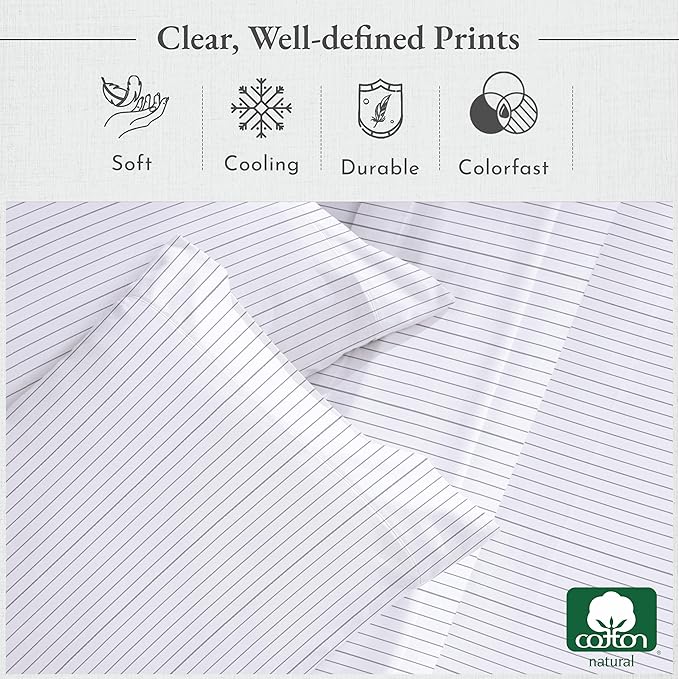 California Design Den Printed King Size Sheets Set - Luxury 400 Thread Count Sateen, Natural 100% Cotton Sheets Set, Deep Pockets, Cooling and Durable Bedding - Pinstriped