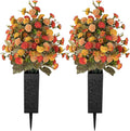 Artificial Cemetery Flowers for Grave: 2 Pcs Fake Fall Flowers for Cemetery Orange Mums Bouquets with Vases - Outdoor Grave Decorations