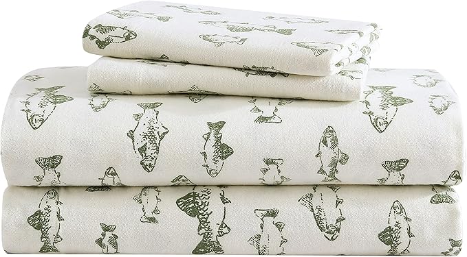 Eddie Bauer - King Sheets, Cotton Flannel Bedding Set, Brushed For Extra Softness, Cozy Home Decor (School of Fish, King)