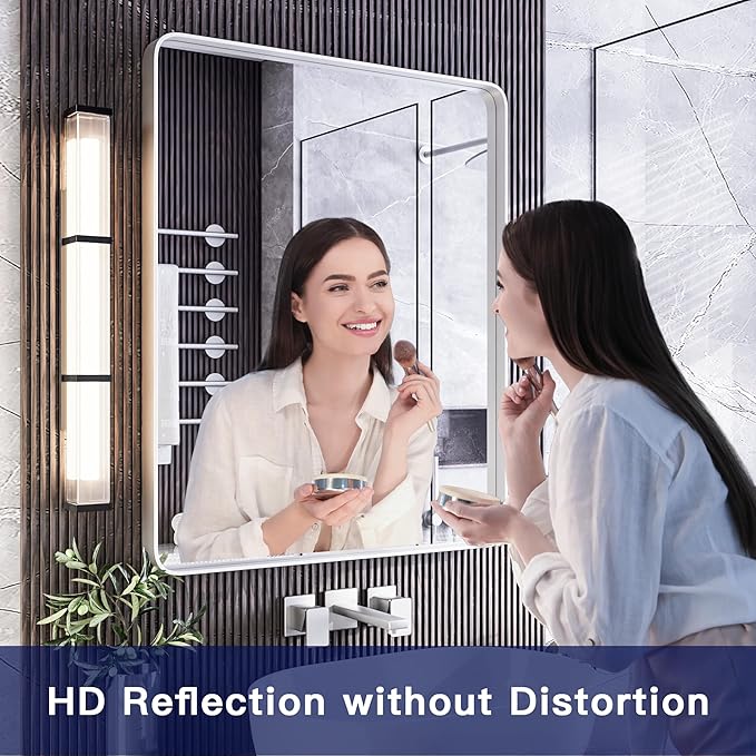 ISKM Silver Bathroom Mirror, 36 x 28 Inch Metal Rounded Rectangular Wall Mounted Mirror for Modern Minimalist Farmhouse Home Decor Hangs Horizontal Or Vertical