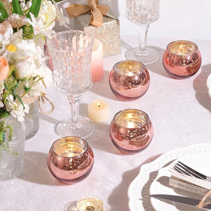 12 Pcs Rose Gold Candle Holders for Birthday Party Decorations- Mercury Glass Votives Tea Lights Holders for Wedding/Bridal Shower/Mother's Day Table Centerpieces, Rose Gold Party Supplies for Women