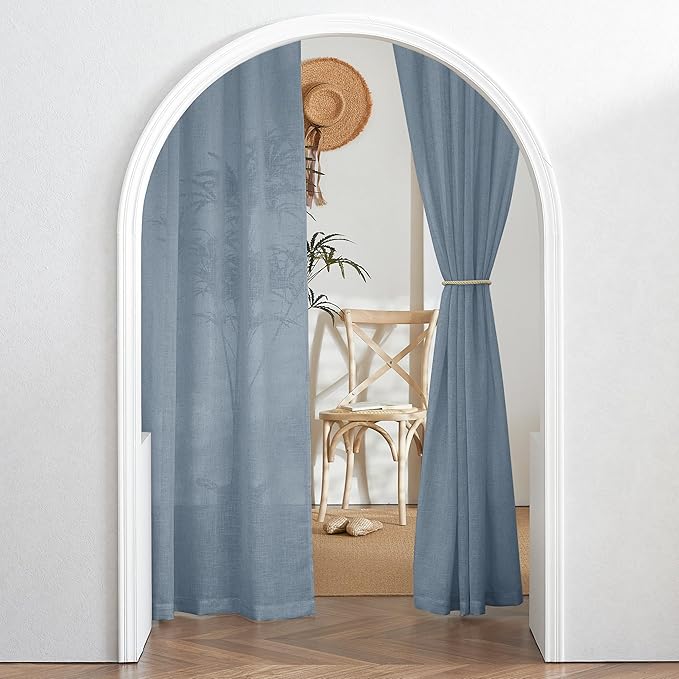 RYB HOME Elegant Semi Sheer Curtains for Nursery Kids Room, Linen Blended Burlap Fabric Light Filtering Breathable Bohemian Home Decor for Living Room Bedroom, Dusty Blue, W 100 x L 90, 1 Pc