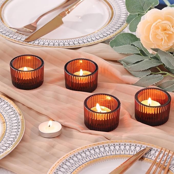 18 pcs Amber Tealight Candle Holders with 18PCS Tealights, Glass Votive Candle Holders Set for Table Centerpiece, Home Decor and Party Supplies