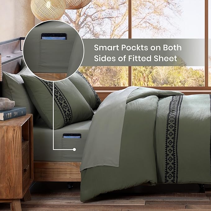 MaiRêve Embroidery Comforter Sets King Size Olive Green - 7 Pieces, Farmhouse Western Bedding Comforter Set, All Season Bed in A Bag King with Sheets, Comforters, Pillowcases & Shams