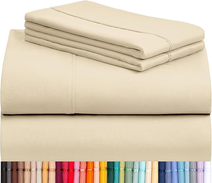 LuxClub 4 PC King Size Sheet Set Deep Pockets Wrinkle Free Cooling Bed Sheets Machine Washable Hotel Bedding Silky Soft - Cream King