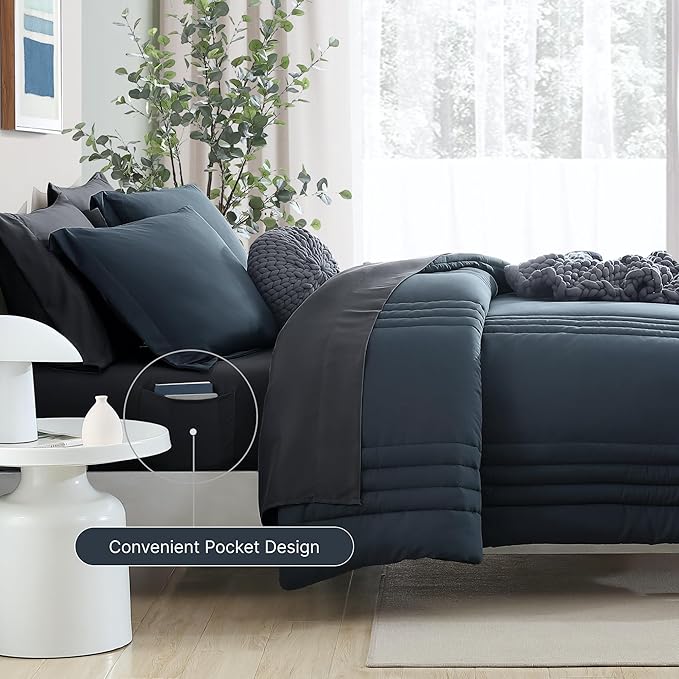 Monbix Oversized Queen Comforter Set - 7 Pieces Blue Grey Bed in a Bag Queen Bedding Sets with Comforters, All Seasons Down Alternative Comforter Bed Set with Sheets,Pillowcases & Shams