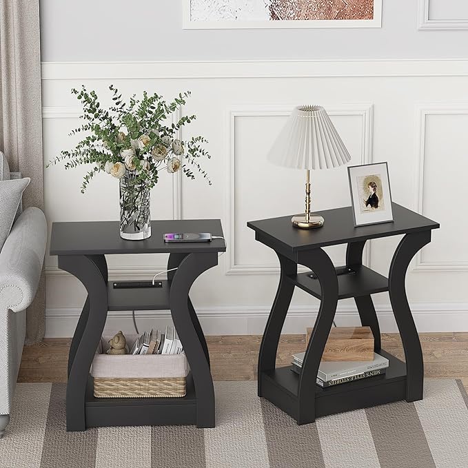 End Table with Charging Station, Side Table with USB Ports and Outlets, Nightstand, 3 Tier End Table with Storage Shelf for Living Room, Bedroom (Black)