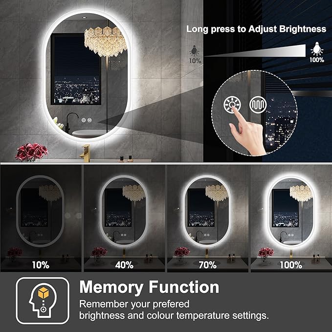 S'bagno 20x36 Inch Oval LED Mirror for Bathroom with Front and Backlight, Anti-Fog, 3 Colors Temperature & Dimmable, Bathroom Mirror with Lights with Memory Function, Waterproof, Shatter-Proof