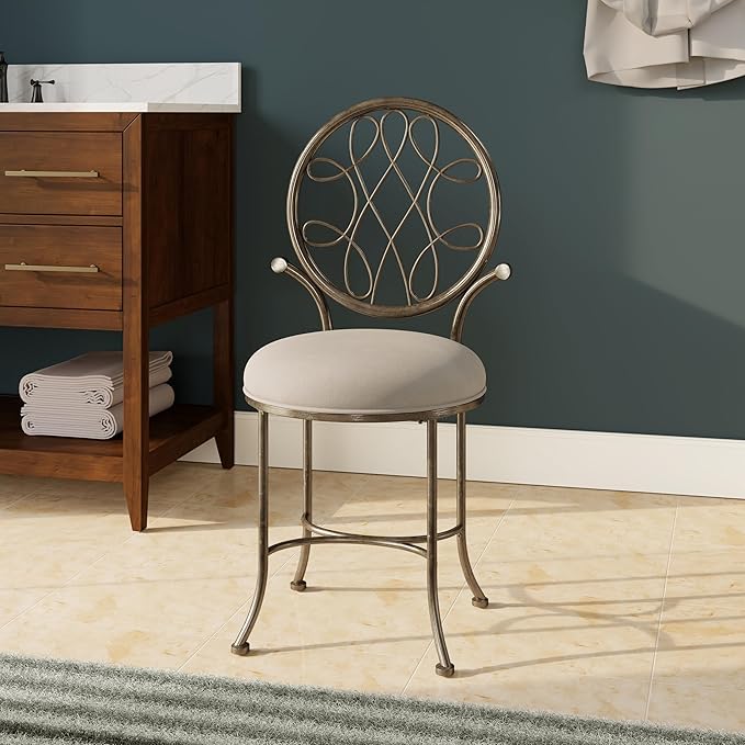Hillsdale O'Malley Metal Vanity Stool with Spiral Pattern Design, Antique Brass