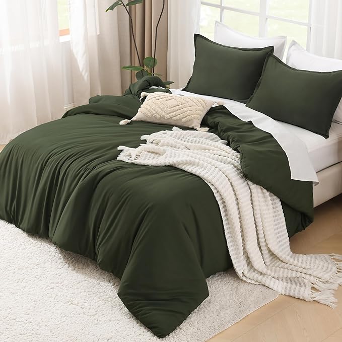 Litanika Dark Olive Green Twin/Twin XL Comforter Set, 2 Pieces Solid Bedding Comforter Set, All Season Fluffy Bed Set (66x90In Comforter & 1 Pillowcase)
