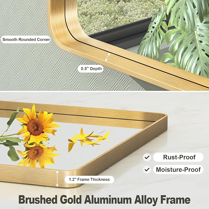48x30 Inch Gold Framed Bathroom Mirror, Brushed Gold Metal Vanity Mirror, Rectangle Gold Mirror for Wall, Rounded Corner, Tempered Glass, Anti-Rust, Shatterproof (Horizontal/Vertical)