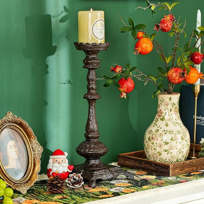 Sungmor Heavy Duty Cast Iron Candlestick Holders - Handcrafted Vintage Candelabra - 37CM/15Inch Tall 1-Head Candle Holder - Decorative Pillar Candle Stand for Christmas Birthday Wedding Home Party