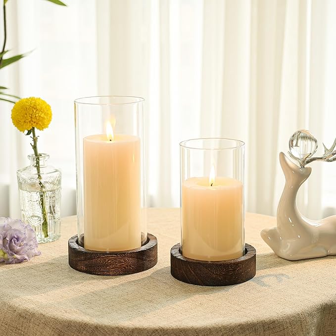 Set of 2 Hurricane Candle Holders with Wood Base & Glass Cylinder (4.2x5.9” & 4.6x7.8”) – Rustic Wooden Candle Holders for Home Decor, Weddings, Table Centerpieces