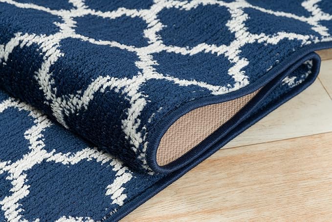 Custom Size Cut to Length Moroccan Trellis Design Runner Rug Mat For Wide Long Hallways with Non-Slip Rubber Backing, Better Traction for Pets, Prevent Slippage, Trellis Navy Blue, 31 inch X 12 feet