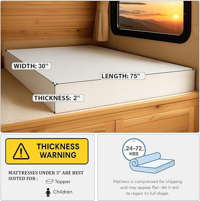 Foamma 2” x 30” x 75” Camper, RV Travel High-Density Bunk Mattress Topper, Made in USA, Comfortable, Travel Trailer, CertiPUR-US Certified, Cover Not Included