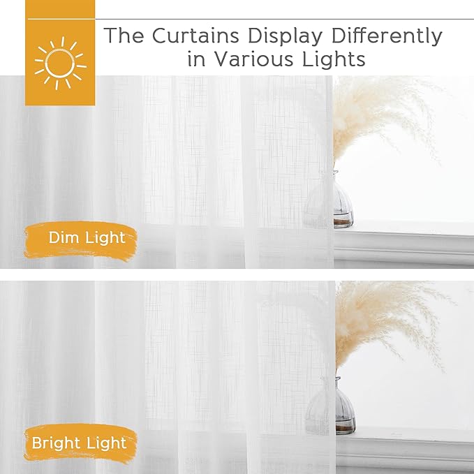 RYB HOME White Sheer Curtains Privacy Linen Textured Blend Half Translucent Window Treatment for Living Room Patio Sliding Door Bedroom, White W 70 x L 84 inch, 2 Pcs