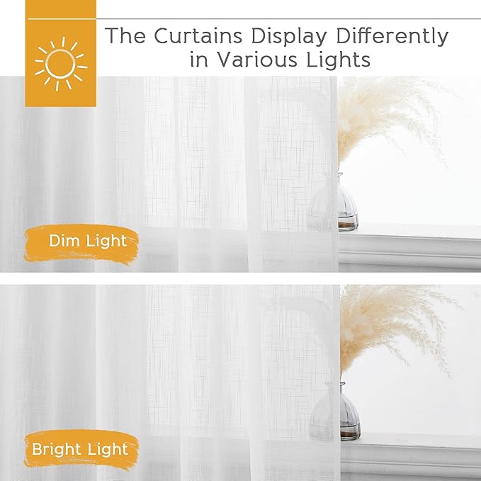 RYB HOME Solid Semi Sheer Curtains Rod Pocket Living Room/Bedroom, Linen Sheer Light Filtering Curtains 72 inches Long, White, W 52 x L 72 inch Length, 1 Pair