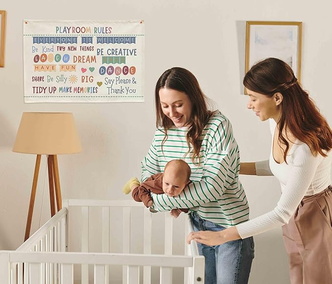 Sioial Playroom Kids Toddler Room Wall Decor, Play Room Rules Wall Decor for Kids Play Game Room Bedroom Nursery Home School Playroom Essentials,Canvas Hanging Banner Poster 28.5x20 Inch