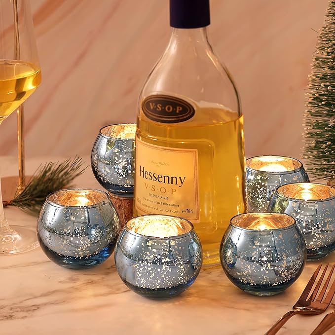 LAMORGIFT 36 Pcs Blue Votive Candle Holders - Mercury Glass Tealight Holders for Dusty Blue Wedding Decor, Centerpiece Table Decorations
