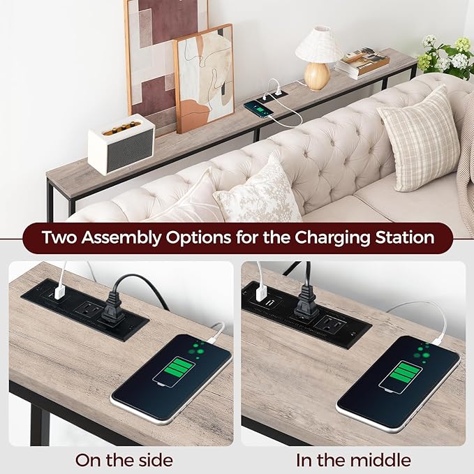 78.7" Console Table with Power Outlet, Narrow Sofa Table, Industrial Entryway Table with USB Ports, Behind Couch for Entryway, Hallway, Foyer, Living Room, Greige CTHG20E01