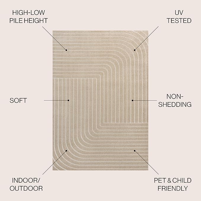 Eyely NCS101E-8 Odense High-Low Minimalist Angle Geometric Beige/Cream 8 ft. x 10 ft. Indoor/Outdoor Area Rug, for Home, Backyard, Patio, Porch, Bedroom, Kitchen, Living Room