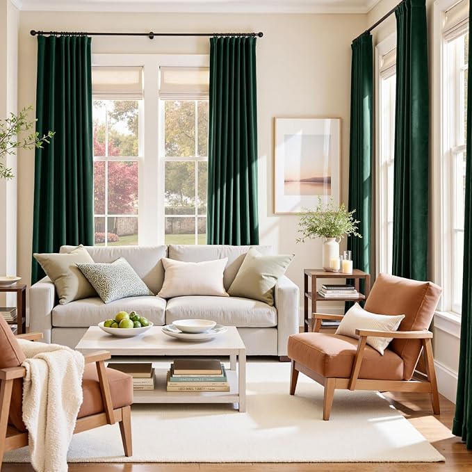 Lazzzy Velvet Blackout Curtains Thermal Insulated Room Window Drapes Super Soft Luxury Curtains for Living Room Bedroom Rod Pocket 2 Panels, Emerald Green, 62" W x 120" L