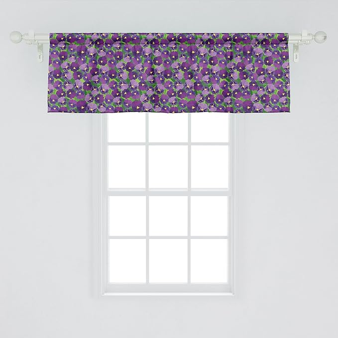 Ambesonne Botanical Window Valance Pack of 2, Green Field Full of Burgeoning Pansy Inflorescence Garden Flourish Bedding Plants, Rod Pocket Curtain Valances for Kitchen Bedroom, 54" X 18", Purple