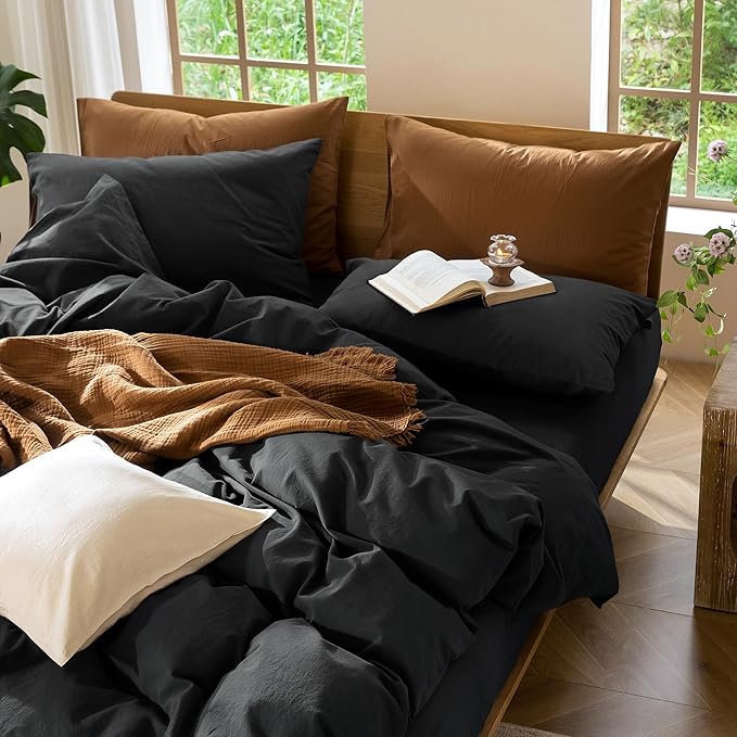 MooMee Bedding Duvet Cover Set 100% Washed Cotton Linen Like Textured Breathable Durable Soft Comfy (Solid Black, Super Queen 90"x98")