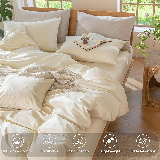 MooMee Bedding Duvet Cover Set 100% Washed Cotton Linen Like Textured Breathable Durable Soft Comfy (Solid Cream White, Palatial King/Oversized King 120"x98")
