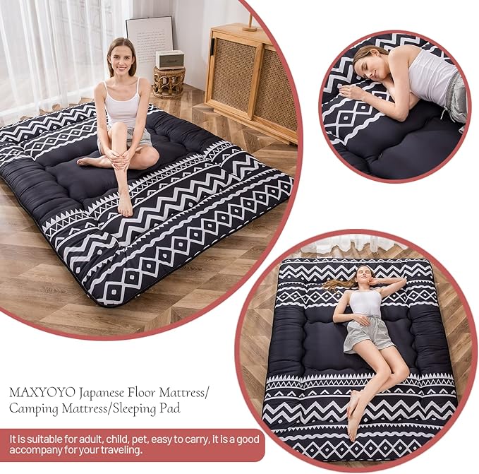 MAXYOYO Japanese Floor Futon Mattress - Thicken Sleeping Pad, Roll Up Floor Lounger Bed, Camping and Guest Room Pad, Thick Soft and Comfortable, Black Stripe, Queen Size