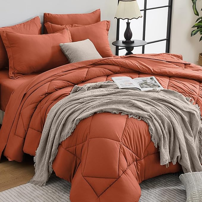 HEVUMYI Burnt Orange King Comforter Set - 7-Piece All Season Bed in a Bag King, Ultra Soft Bedding Set with Comforter, Flat Sheet, Fitted Sheet, Pillowcases, Pillow Shams