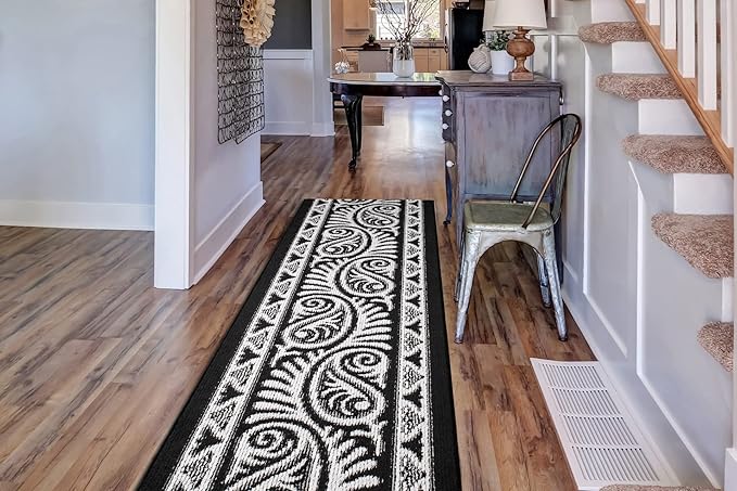 Custom Length Cut to Size Tribal Ethnic Southwestern Inspired Hallway Runner Rug, Non Slip Rubber Backed, 31 inch Wide X Customized Length, Mayan Black, 31 inch X 3 feet, Doormat Size