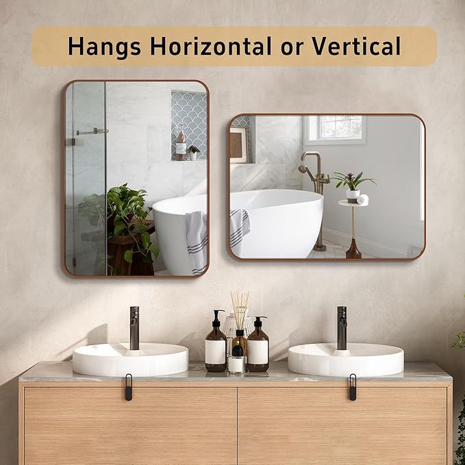 16"x20" Brushed Bronze Bathroom Mirror for Wall, Rounded Rectangle Mirror with Brown Metal Frame Hanging for Bathroom Entryway Vanity,Living Room,Bedroom,Vertical or Horizontal