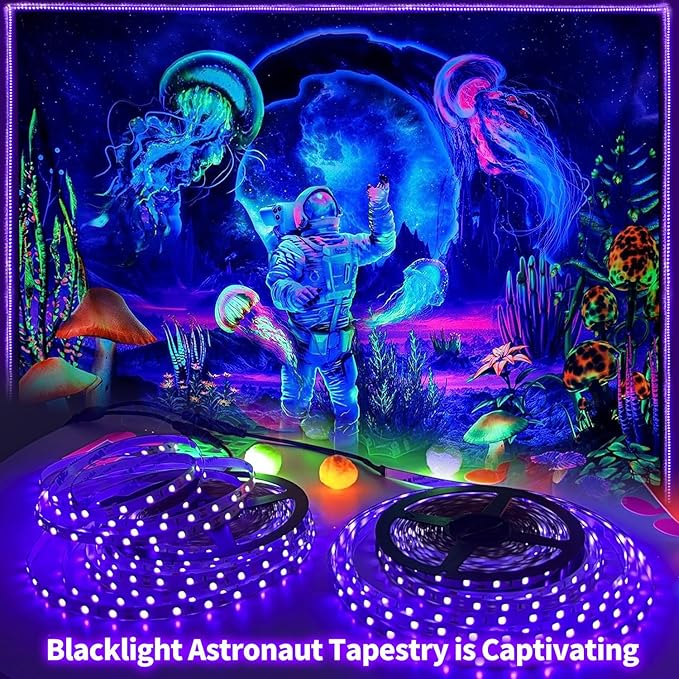 Upgraded 16.4ft/5M LED Black Light Strip Set with Remote, 300 LEDs, 12V Self-Adhesive Dimmable Black Light Fixture, for Dance Parties, SMD2835 LED Lamp Beads, Non-Waterproof