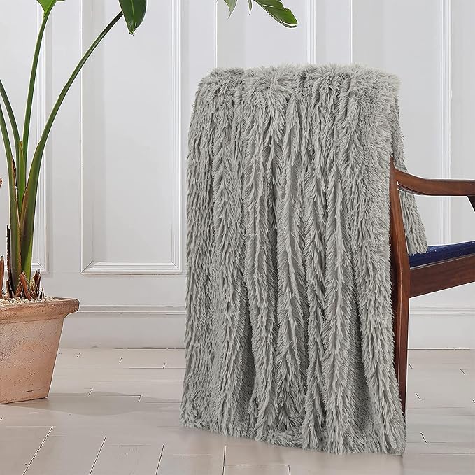Tuddrom Decorative Extra Soft Faux Fur Blanket Queen Size 80"x90",Solid Reversible Fuzzy Fluffy Plush Fleece Comfy Microfiber Fur Blanket for Couch Sofa Bed,Quiet Grey