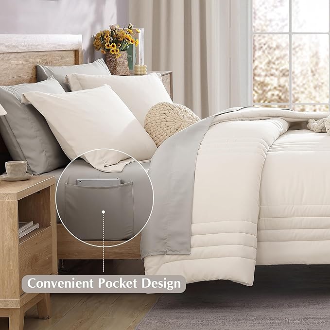 Monbix Queen Comforter Set - 7 Pieces Snow White Bed in a Bag Queen Bedding Sets with Comforters, All Seasons Down Alternative Comforter Bed Set with Sheets,Pillowcases & Shams